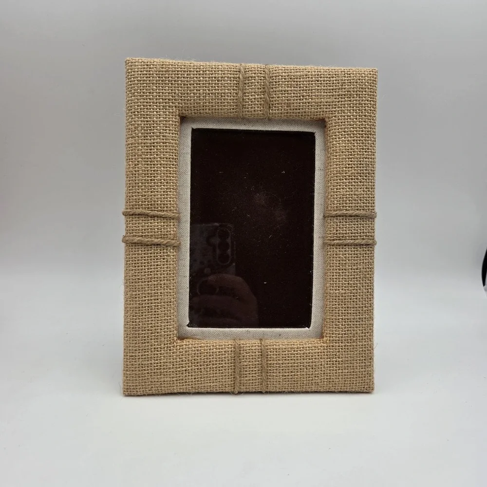 Vintage Wood Burlap? Velvet Picture Frame Photo size 4.5